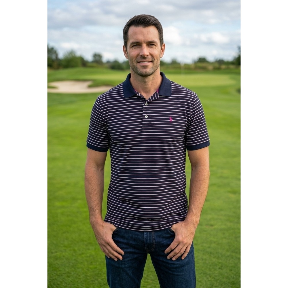 Polo Golf Ralph Lauren Mens XL Pima Cotton Striped Pro Fit Polo Shirt Navy Pink